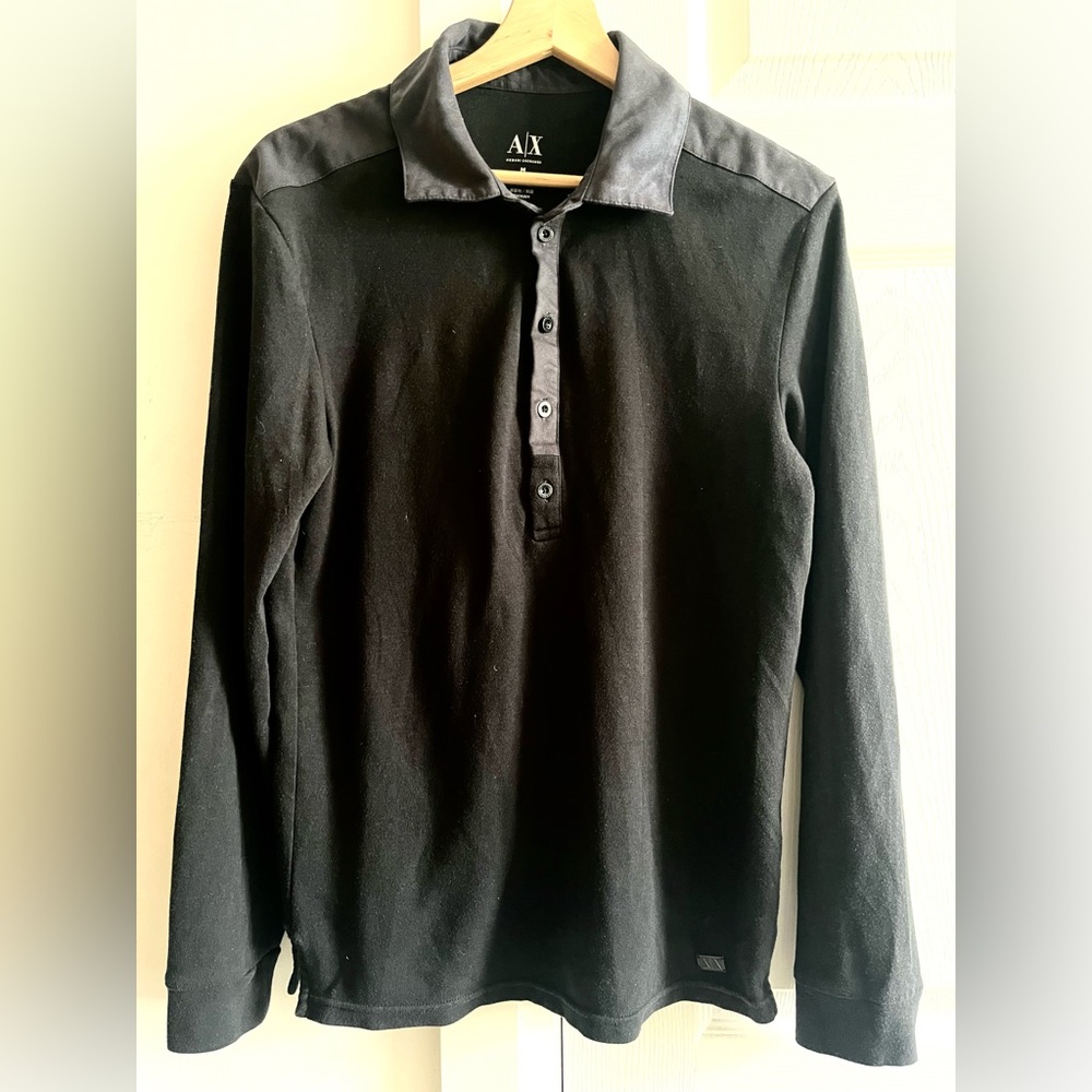 A/X Armani Exchange Men’s Black Long-Sleeve Polo Shirt with Satin Collar Size M